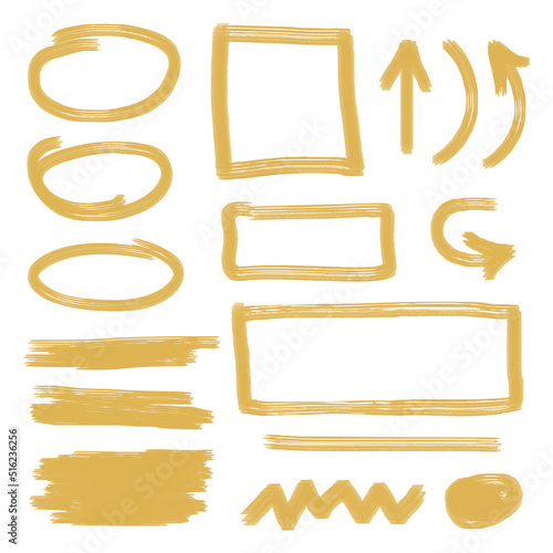 Set of vector highlighter elements, marker strokes for text accentuation, realistic orange brush strokes