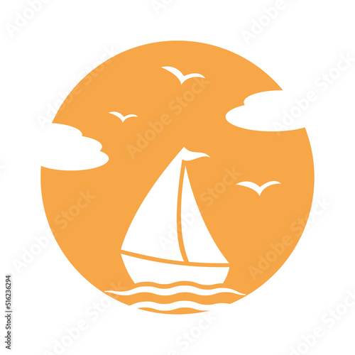 Silhouette of a sailboat in a circle. Flat vector seascape. A ship sailing in the ocean against the background of sunset.