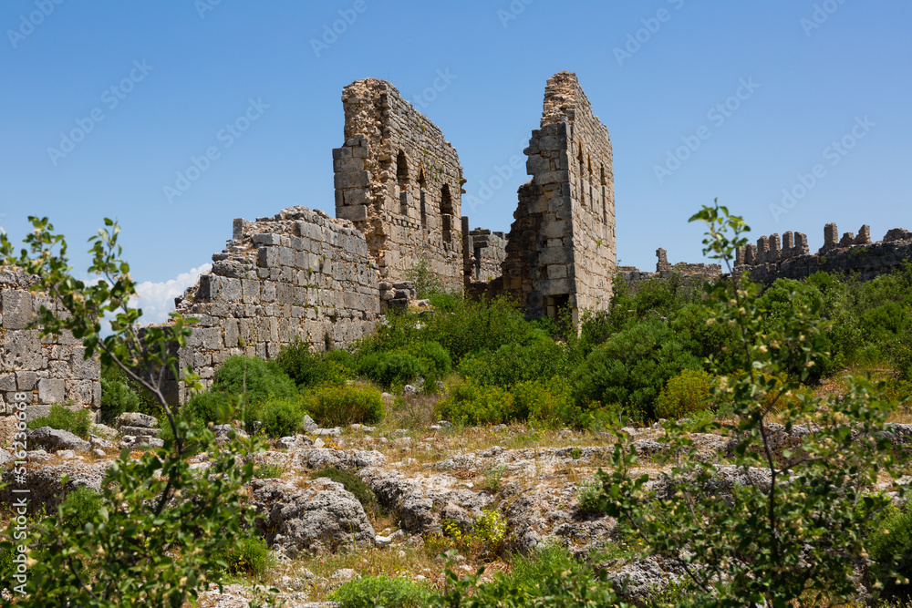 Picturesque view of ruins of Byzantine-era Sillyon fortress and city, southern Turkiye