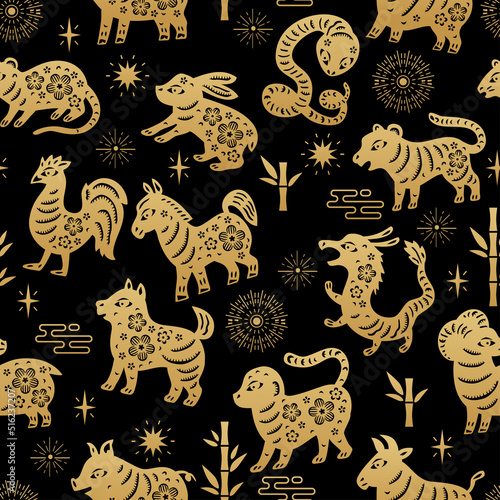 Fototapeta Naklejka Na Ścianę i Meble -  Chinese traditional oriental ornament background, Zodiac signs pattern seamless. Japanese, Chinese elements. Asian texture for printing, packaging, textiles, fabric, washi paper for scrapbooking