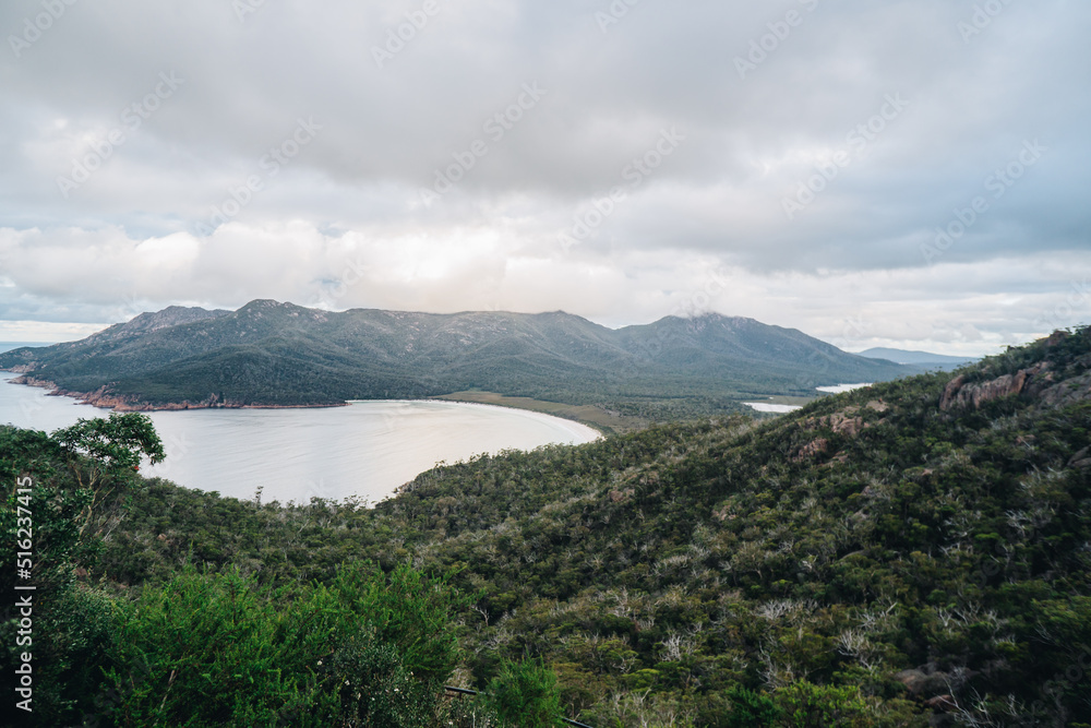 A Panoramic View of Wineglass Bay, Freycinet National Park, Coles Bay, Tasmania, Australia,