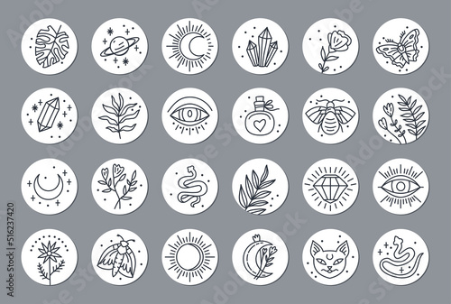 Big Set of various vector highlight covers with mystical boho elements, moon, start, leaf, sacred witch and mystical symbols, featuring astrology objects, crystal, moon, fantasy animals