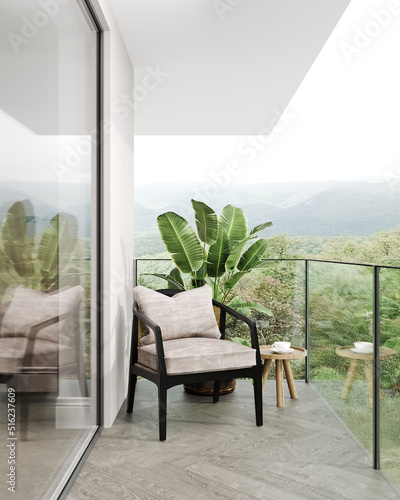 Leinwand Poster Balcony view of mountains, landscape, terrace with a beautiful view and cozy arm