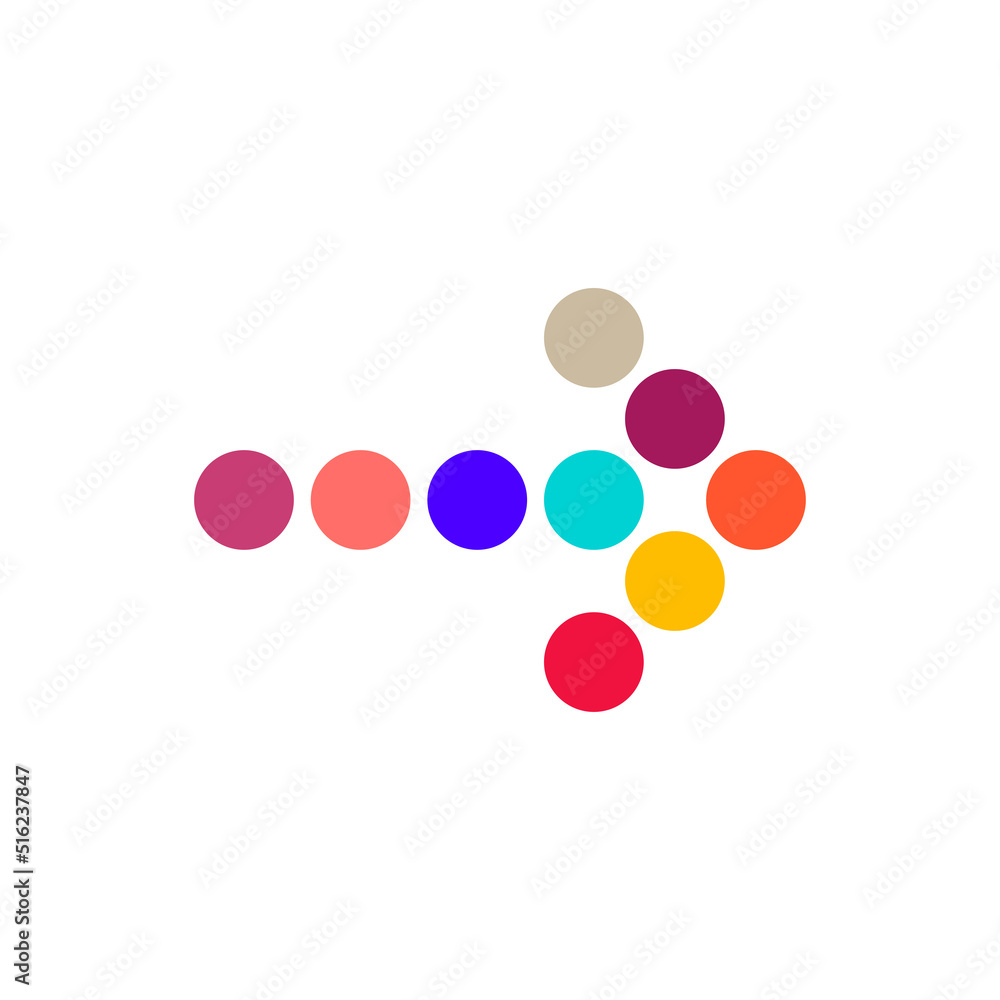 Decorative dotted arrow to the right, made up of multi-colored circles. Color palette. Flat vector illustration isolated on white background.