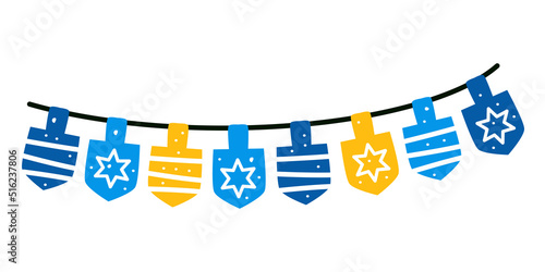 Vector illustration of a garland of Hanukkah dreidels, and its letters. Wooden dreidels. Jewish, hebrew toy