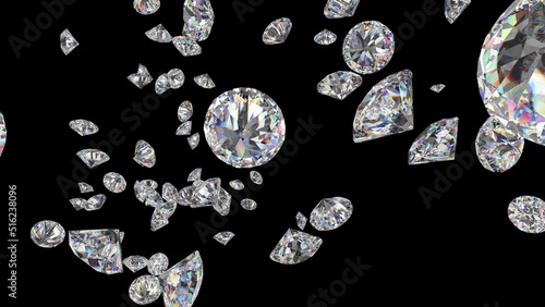 Shiny Diamonds on black surface background. Concept image of luxury living, expensive things and high added value. 3D CG. High resolution.