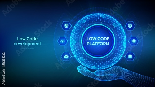 Low code platform. Low code development technology concept. LCDP easy coding. Hexagonal grid sphere in wireframe hand on blue background. Vector illustration.