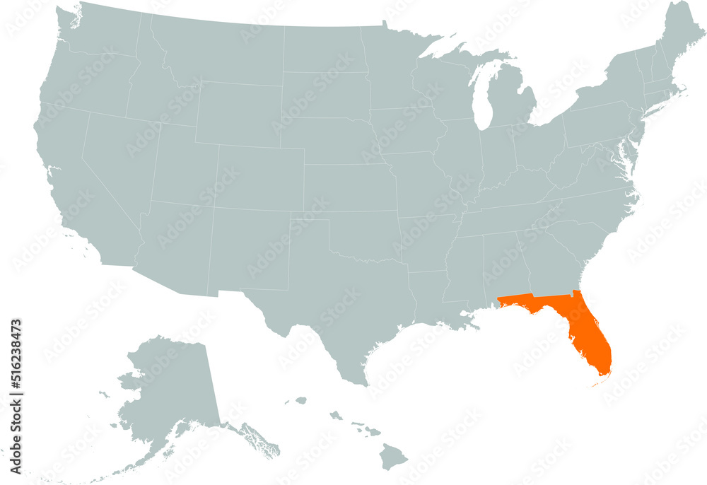 Orange Map of US federal state of Florida within gray map of United States of America