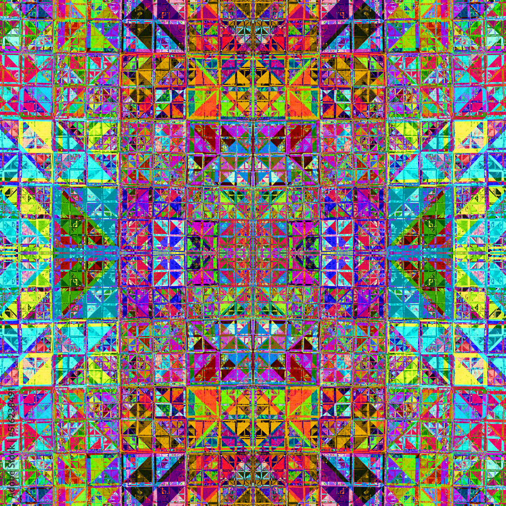 Fototapeta premium Imagen de arte geométrico digital compuesta de formas triangulares variadas en colores difuminados en un conjunto que muestra un mosaico de azulejos quebrados encajonados.