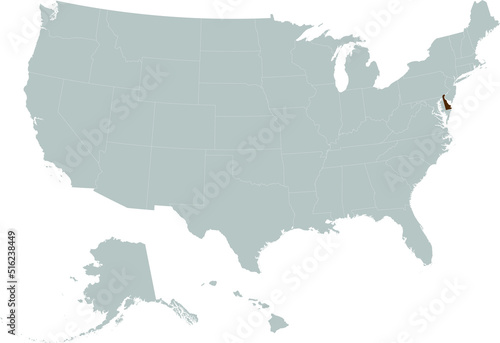 Brown Map of US federal state of Delaware within gray map of United States of America