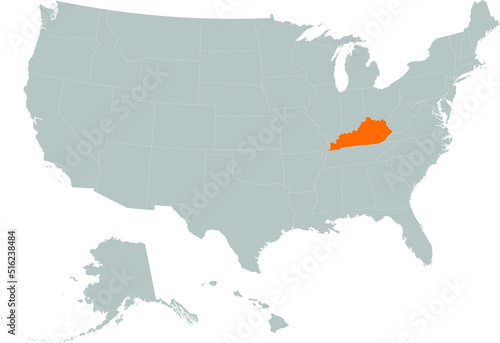 Orange Map of US federal state of Kentucky within gray map of United States of America