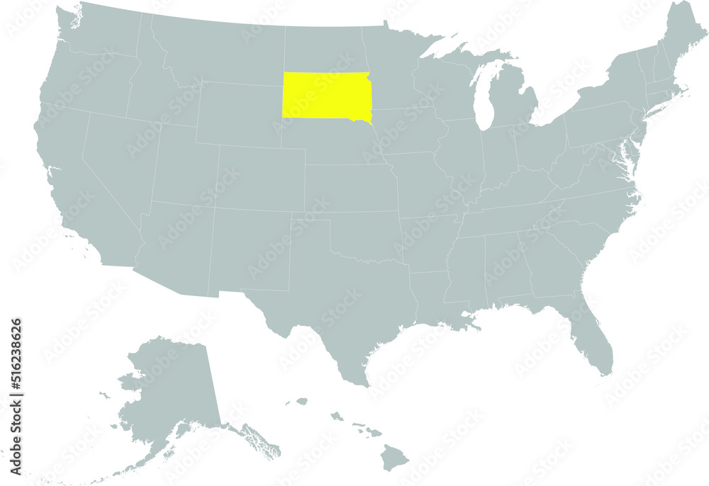 Yellow Map of US federal state of South Dakota within gray map of United States of America