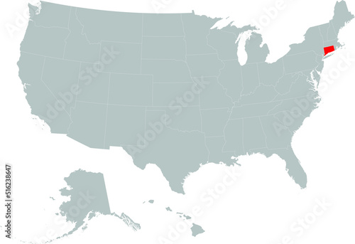 Red Map of US federal state of Connecticut within gray map of United States of America