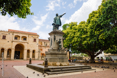 Columbus Statue and Cathedral, Parque Colon, Santo Domingo. Dominican Republic. photo