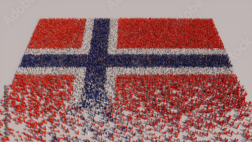 Aerial view of a Crowd of People, gathering to form the Flag of Norway. Norwegian Banner on White Background. photo