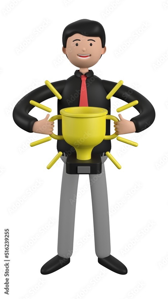 Character person illustration about employee get the throphy or award. 3D illustration. 3D rendering.