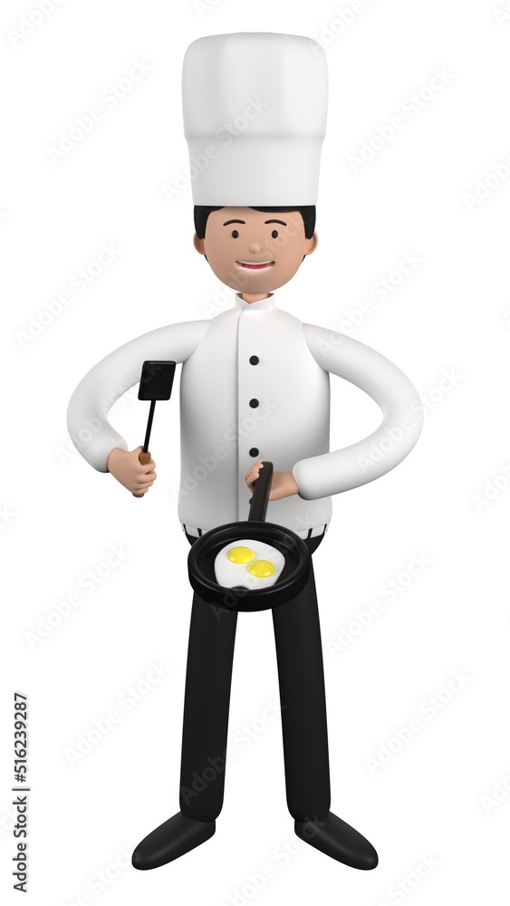 Character person illustration about chef cooking egg. 3D illustration. 3D rendering. Character person illustration about chef cooking egg. 3D illustration. 3D rendering.