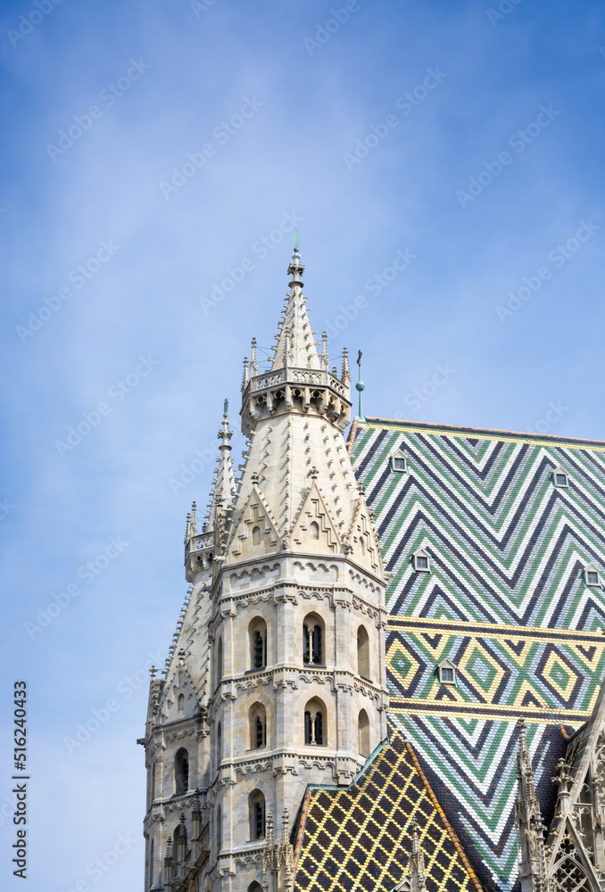 Top view of the towers of St. Stephen's Cathedral, Stephansdom in Vienna against the blue sky