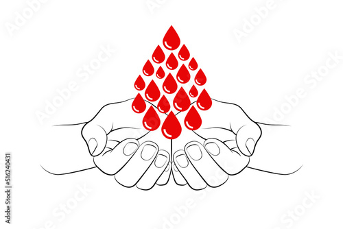 Many red blood droplets shaped like one big drop over cupped palms