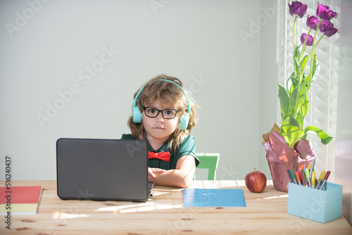 School pupil student kid studying online using laptop, remote learning online, pupil portrait.