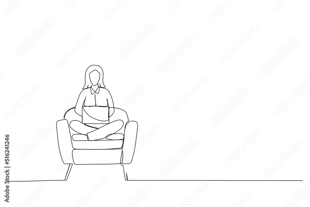 Illustration of Young woman using her laptop in a chair one line art Illustration of Young woman using her laptop in a chair one line art