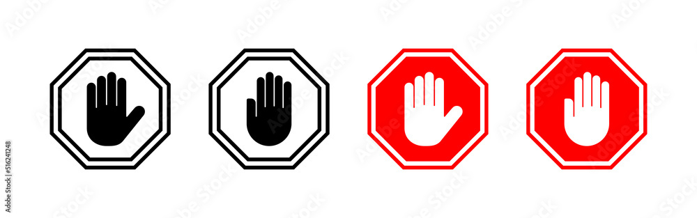 Obraz premium Stop icon vector. stop road sign. hand stop sign and symbol. Do not enter stop red sign with hand