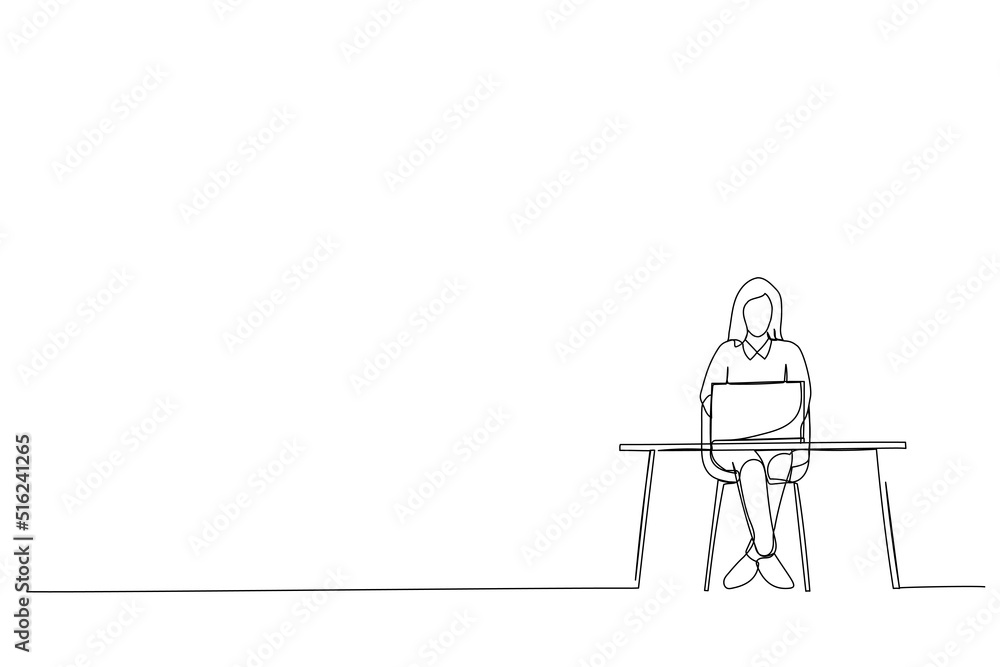 Cartoon of focused concentrated girl preparing annual finance design report One line art