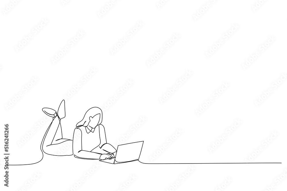 Drawing of woman lie floor work laptop get incredible blogging notification Single Line art