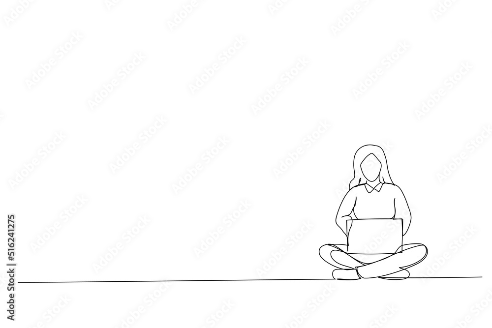 Cartoon of happy woman in casual sitting on floor in lotus pose and holding laptop One Line art Cartoon of happy woman in casual sitting on floor in lotus pose and holding laptop One Line art
