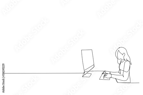 Illustration of young blond businesswoman working on computer inside the workplace One line art style
