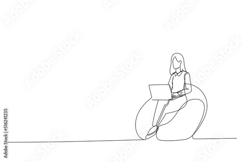 Cartoon of smart girl sit wicker armchair work laptop wear white t-shirt denim jeans in house indoors Single continuous line art style