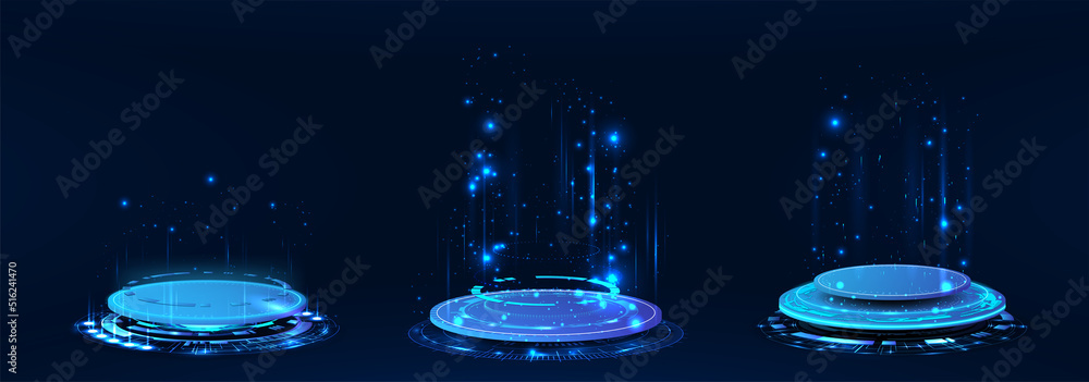 Fantastic Circle holograms, magic portals, futuristic podium, teleporters for show product. 3D futuristic portal with glow and light effects. Sci-fi digital hi-tech fui elements. 3D holograms - obrazy, fototapety, plakaty 