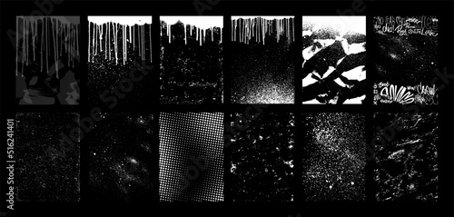 Texture overlay stamps set - Grunge, spray, grainy, monochrome template. Vector von overlay texture. Grain noise particles and spray grunge, old tree, vintage effects. Vector collection stamps grunge © SergeyBitos