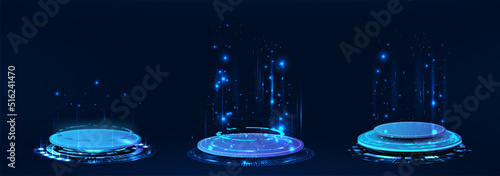 Fantastic Circle holograms, magic portals, futuristic podium, teleporters for show product. 3D futuristic portal with glow and light effects. Sci-fi digital hi-tech fui elements. 3D holograms