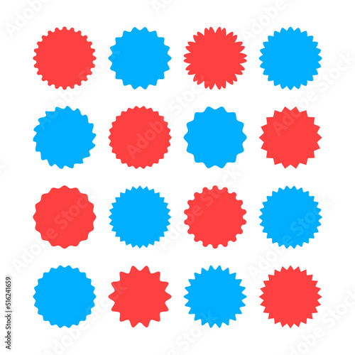 Vector stickers set. Abstract design. Miscellaneous sunburst and starburst shapes, round labels, circle stickers. Blue and red colors. Vector illustration isolated on white background