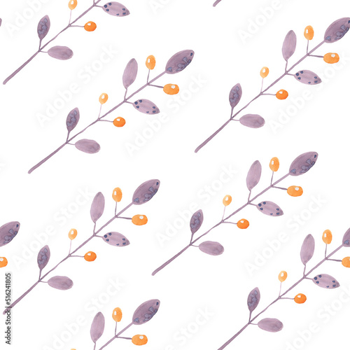 Seamless watercolor floral pattern - green and pink leaves, branches composition on white background.