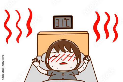 熱帯夜の中ベッドで顔が真っ赤に熱中症になりそうになっている妊婦