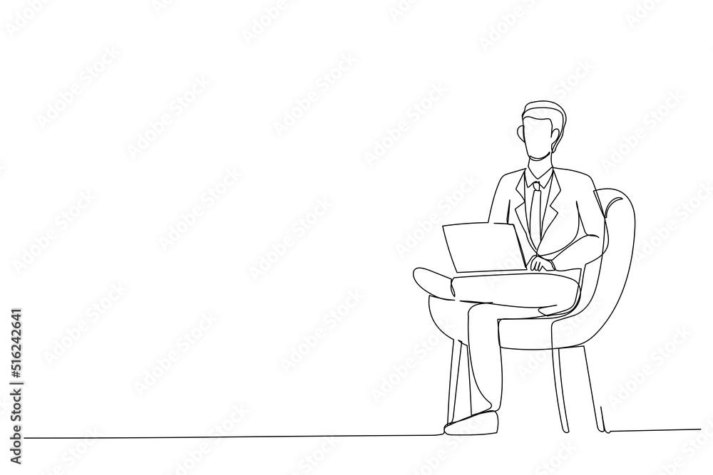 Vector one line illustration of business man with laptop sitting in armchair. Cartoon young guy working in office and using social networks. Vector one line illustration of business man with laptop sitting in armchair. Cartoon young guy working in office and using social networks.