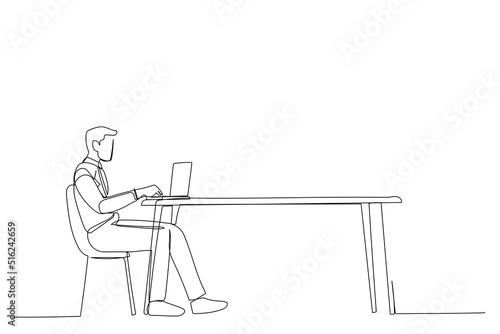 One line drawing of young man sitting on desk, using laptop, working online from home.