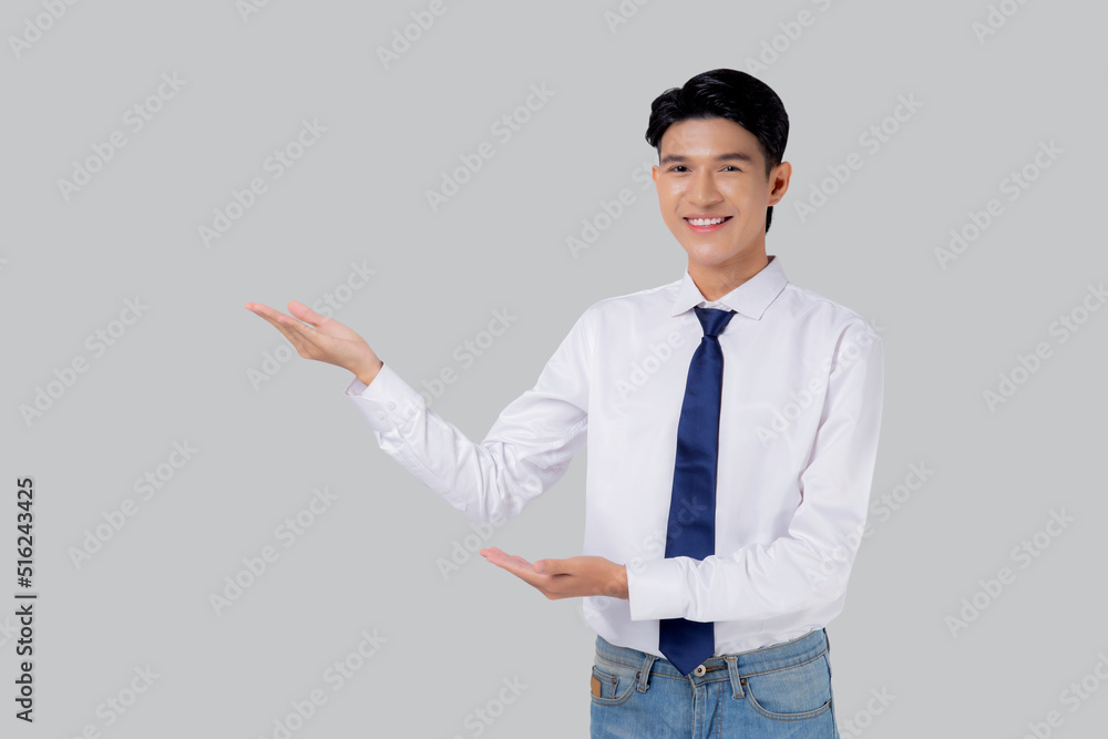 Portrait young asian business man presenting isolated on white background, advertising and marketing, executive and manager, businessman confident showing success, expression and emotion. Portrait young asian business man presenting isolated on white background, advertising and marketing, executive and manager, businessman confident showing success, expression and emotion.