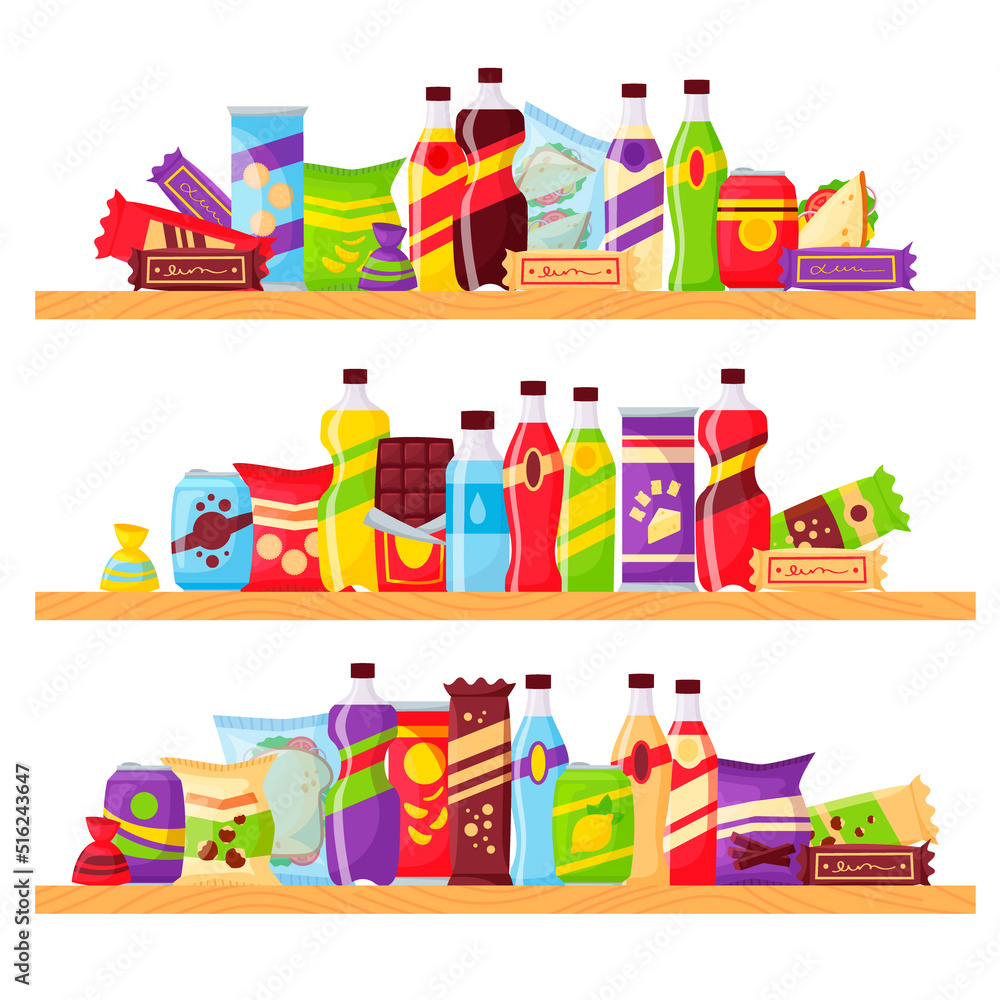 Set of snacks, fast food and drinks products on the shelves. Beverage bottles, sandwich in pack, soda and juice for supermarket. Food store elements for market design, cartoon style vector