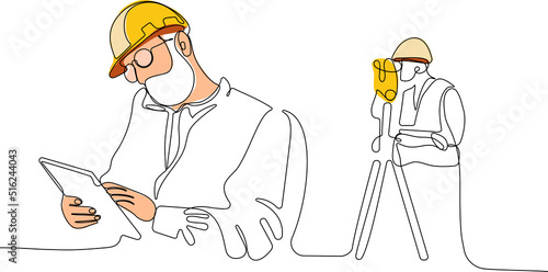 Close up of young Caucasian worker with helmet on head using tablet for work while standing in warehouse. Surveyor with a tripod icon. Geodesic tripod. Vector illustration