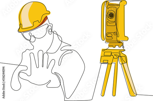 Close up of young Caucasian worker with helmet on head using tablet for work while standing in warehouse. Surveyor with a tripod icon. Geodesic tripod. Vector illustration