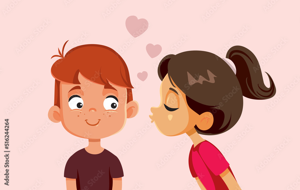 Little Girl Kissing Her Love Crush on the Cheek Vector Cartoon. Boy and Girl sharing their first kiss on Valentine’s Day
Little Girl Kissing Her Love Crush on the Cheek Vector Cartoon. Boy and Girl sharing their first kiss on Valentine’s Day