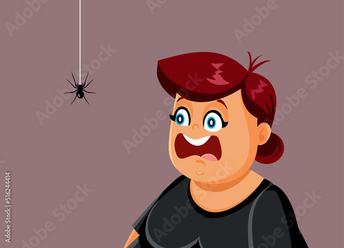Scared Woman Having Arachnophobia Vector Cartoon Illustration. Adult person having a meltdown panic attack from traumatizing encounter with insect 

