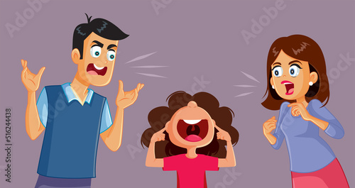 Little Girl Reacting to Parents Fighting Screaming Over Them Vector Illustration. Child witnessing verbal abuse in family environment feeling traumatized 
