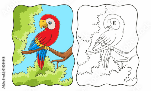cartoon illustration the parrot is perched gracefully on a tall tree trunk with its beautiful wings book or page for kids