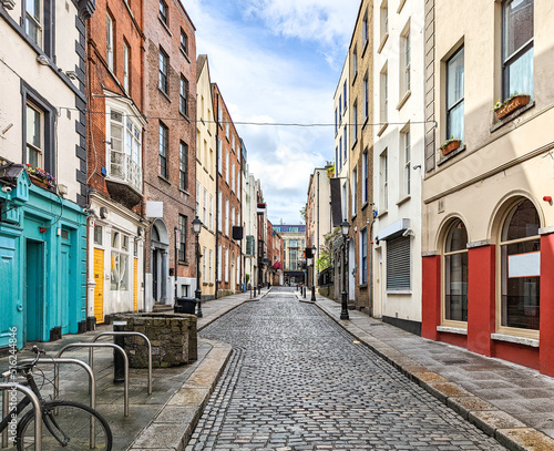 View of empty Eustace Street in the city center of Dublin, Ireland with no people