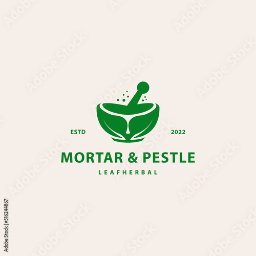 Vintage leaf bowl mortar and pestle logo design hipster vector illustration