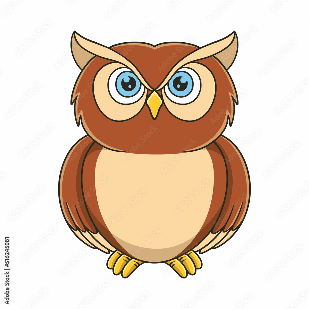 cartoon illustration owl standing in front of his house on a big tree trunk at night cartoon illustration owl standing in front of his house on a big tree trunk at night